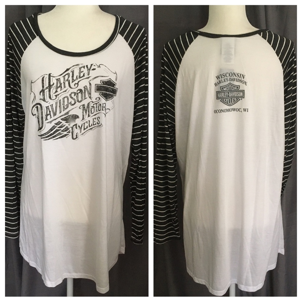 NWT Harley White Dealer T-Shirt w/ Striped Long Sleeves Size 1X Oconomowoc, WI